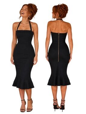 Herve Leger Black Bandage Ruffle Hem Midi Dress Women’s Medium Bodycon Cocktail
